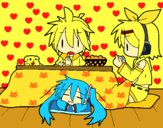 Miku, Rin y Len desayunando