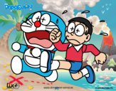 Dibujo Doraemon y Nobita corriendo pintado por kjdfshiudf