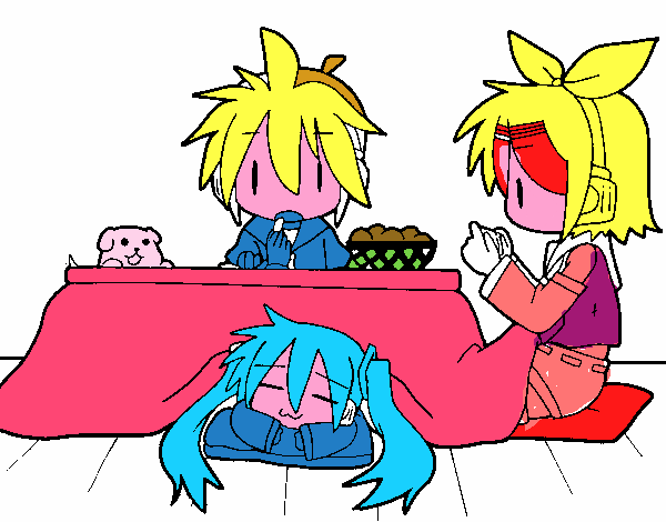 Miku, Rin y Len desayunando