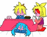 Miku, Rin y Len desayunando