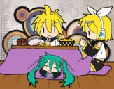 Miku, Rin y Len desayunando