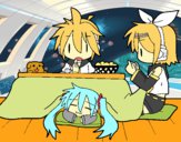 Miku, Rin y Len desayunando