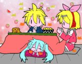 Miku, Rin y Len desayunando