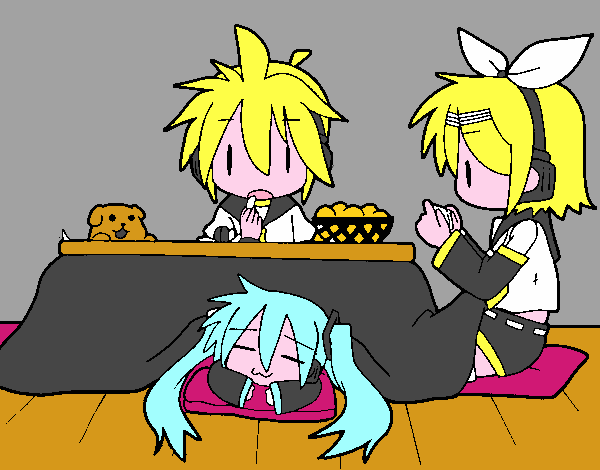 Miku, Rin y Len desayunando