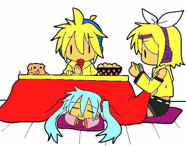 Miku, Rin y Len desayunando