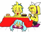 Miku, Rin y Len desayunando