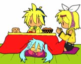 Miku, Rin y Len desayunando