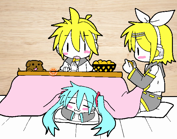 Miku, Rin y Len desayunando