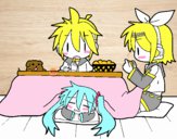 Miku, Rin y Len desayunando