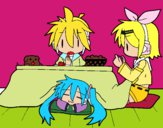 Miku, Rin y Len desayunando