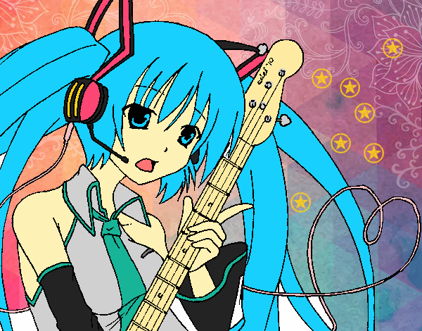 Dibujo Miku con guitarra pintado por Ayerai.B