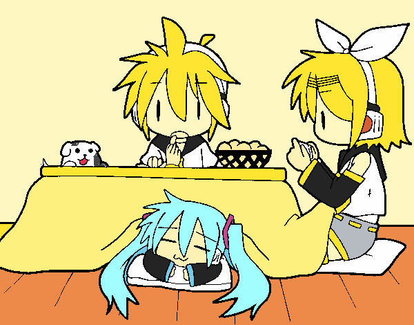 Miku, Rin y Len desayunando