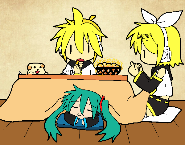 Miku, Rin y Len desayunando