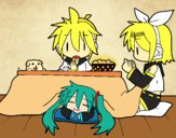 Dibujo Miku, Rin y Len desayunando pintado por CarolinaJ