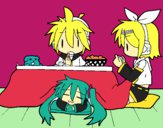 Miku, Rin y Len desayunando