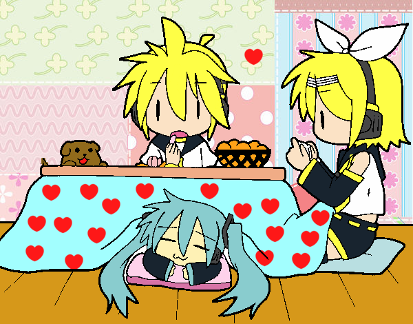 Miku, Rin y Len desayunando