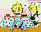 Miku, Rin y Len desayunando