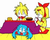 Miku, Rin y Len desayunando