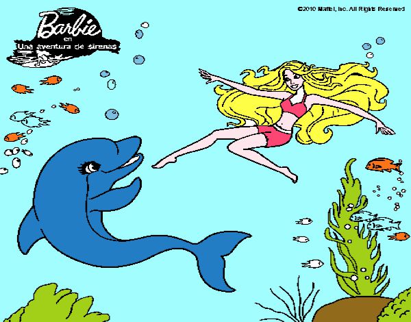 Dibujo de Barbie jugando con un delfín pintado por en Dibujos.net el