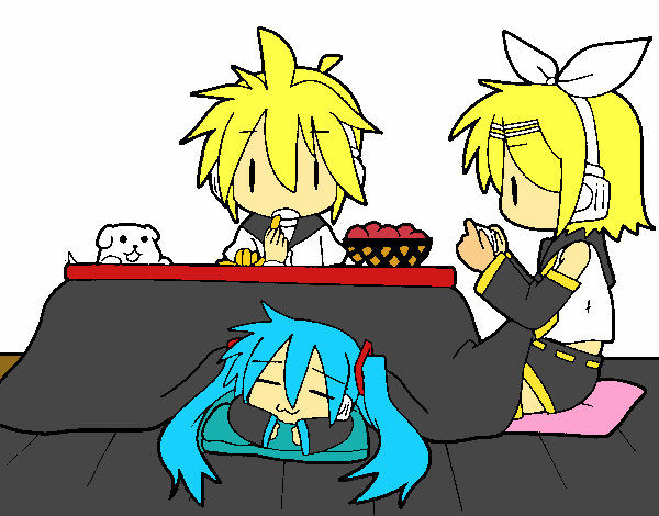 Miku, Rin y Len desayunando