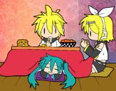 Miku, Rin y Len desayunando