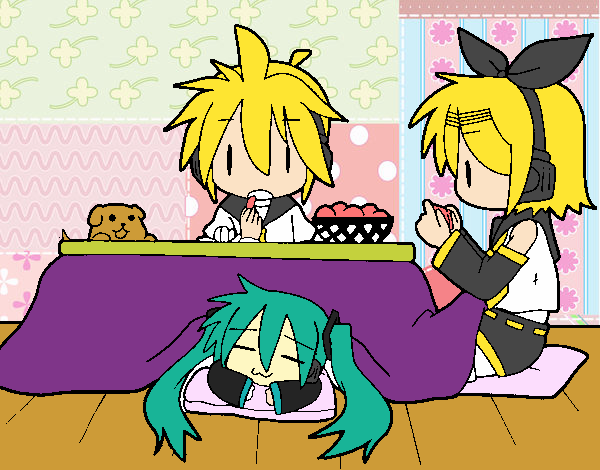 Miku, Rin y Len desayunando