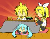 Miku, Rin y Len desayunando