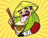 Chino comiendo arroz