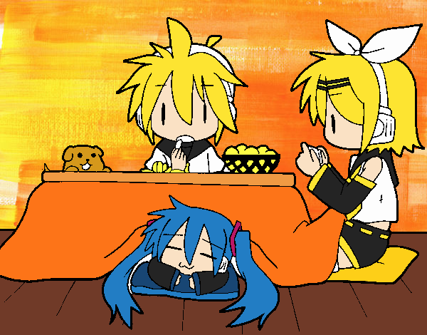 Miku, Rin y Len desayunando