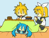 Miku, Rin y Len desayunando