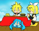 Miku, Rin y Len desayunando