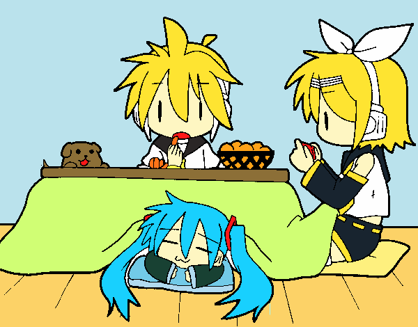 Miku, Rin y Len desayunando