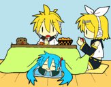 Miku, Rin y Len desayunando