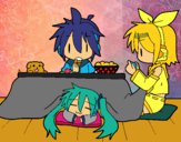 Miku, Rin y Len desayunando