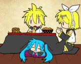 Miku, Rin y Len desayunando