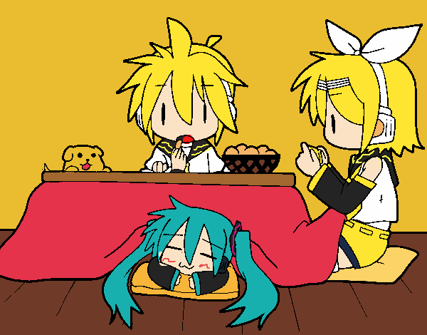 Miku, Rin y Len desayunando