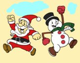 Santa Claus y muñeco de nieve saltando