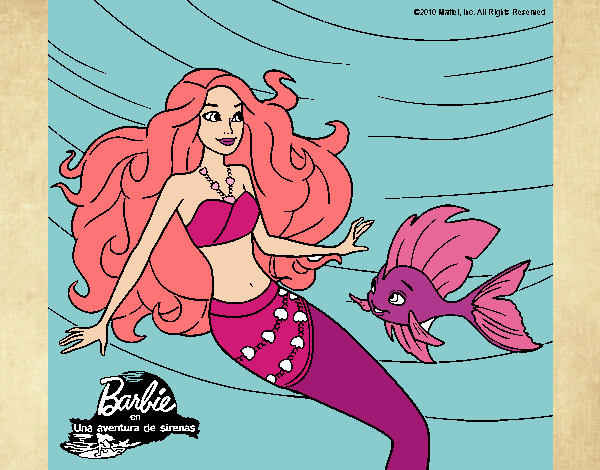 Dibujo Barbie sirena con su amiga pez pintado por taia