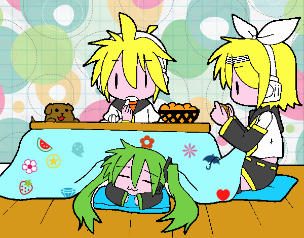 Miku, Rin y Len desayunando