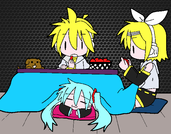 Miku, Rin y Len desayunando