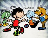 Dibujo Markolin, Eze, Centralito y Renato jugando al fútbol pintado por queyla