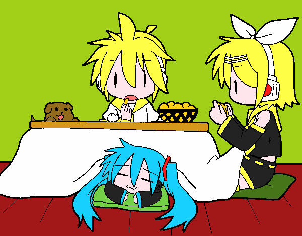 Miku, Rin y Len desayunando