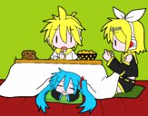 Dibujo Miku, Rin y Len desayunando pintado por sof11