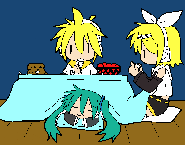 Miku, Rin y Len desayunando