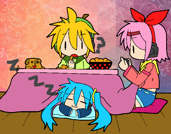 Miku, Rin y Len desayunando