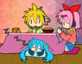 Miku, Rin y Len desayunando