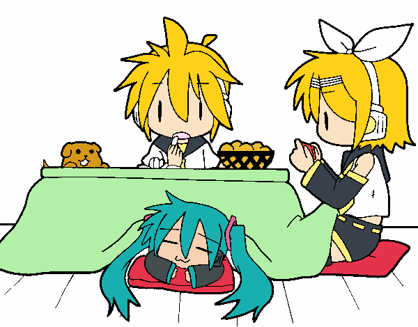 Miku, Rin y Len desayunando