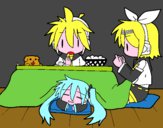 Dibujo Miku, Rin y Len desayunando pintado por floisi