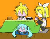 Dibujo Miku, Rin y Len desayunando pintado por floisi