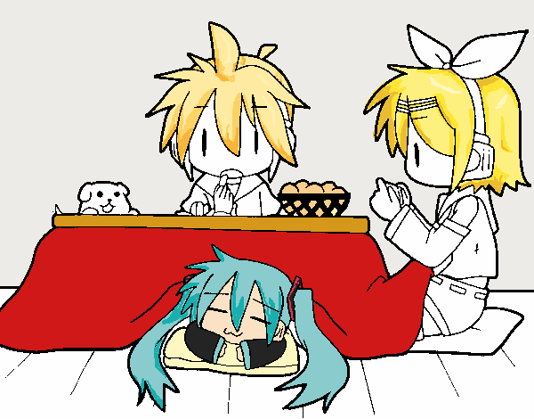 Miku, Rin y Len desayunando